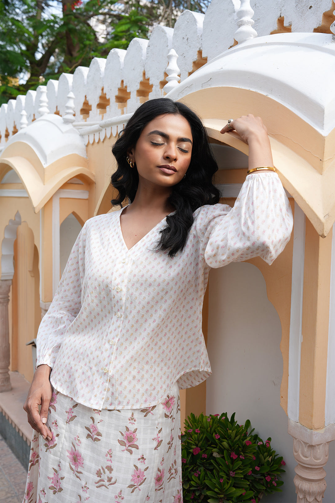 Pihu White Block Printed Top and Skirt