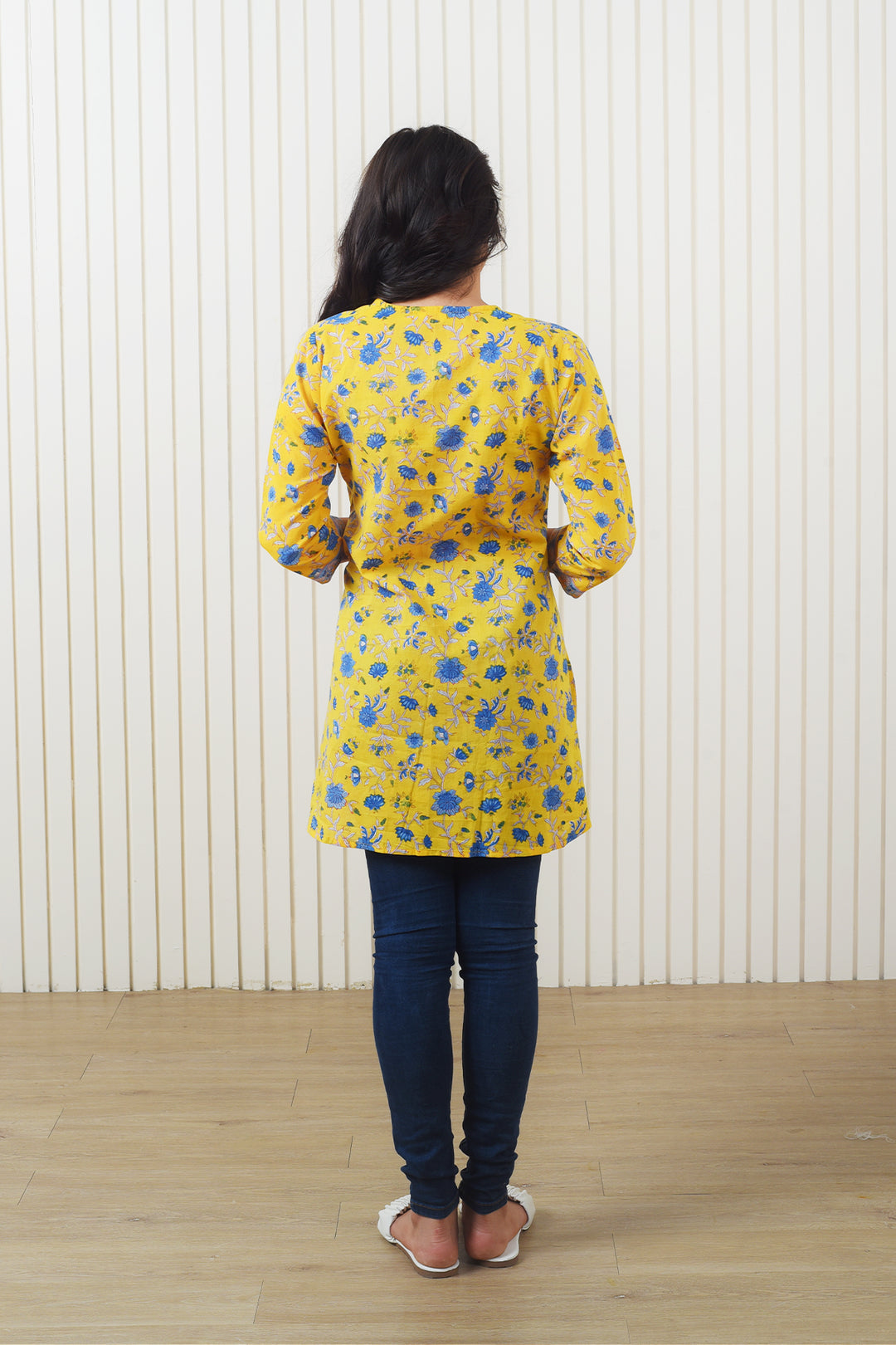 Madhuvan Yellow Jaal Cotton Short Kurti