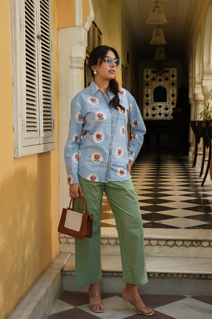 Pihu Blue Block Printed Poplin Shirt with Green Solid Poplin Pant Set of 2