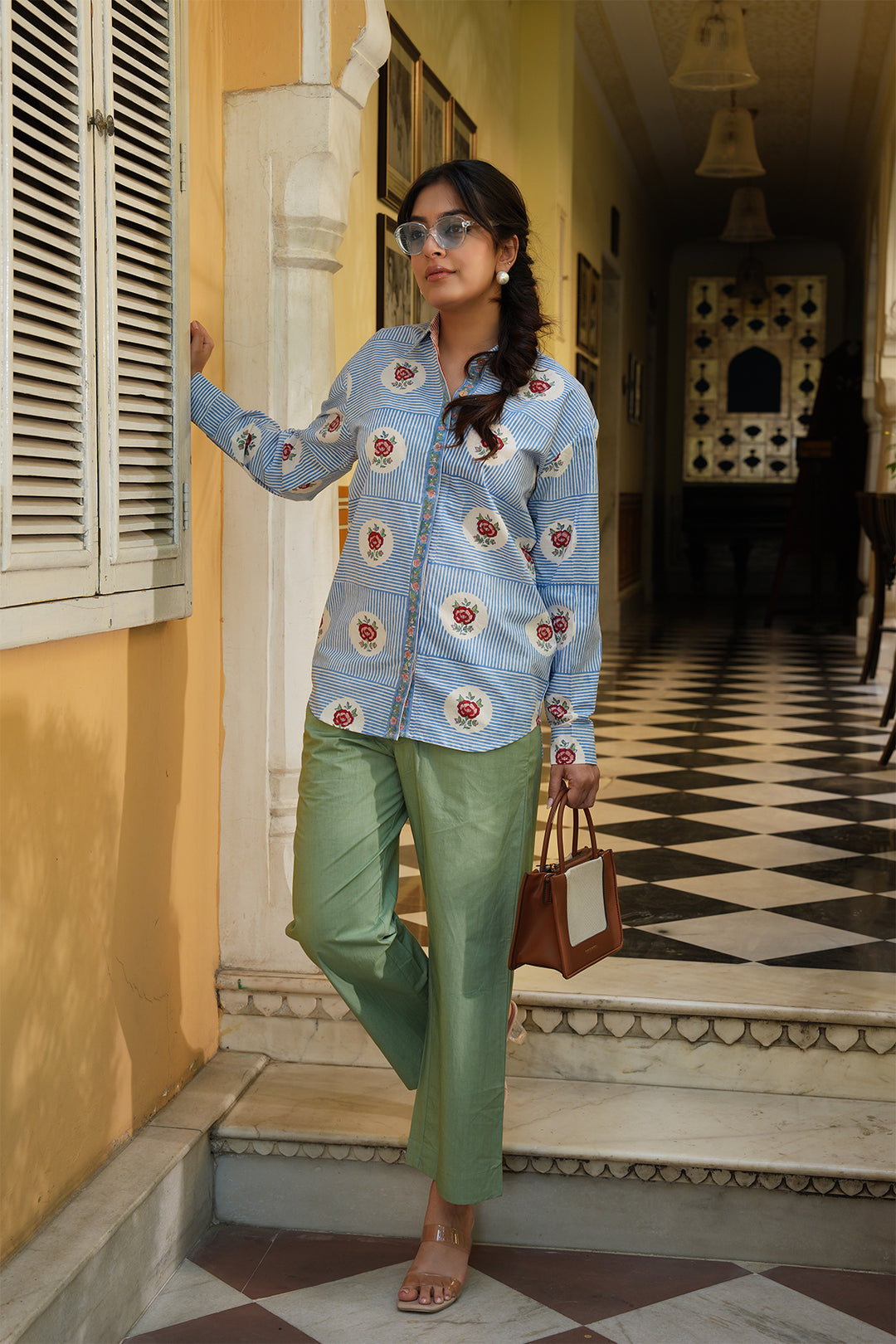 Pihu Blue Block Printed Poplin Shirt with Green Solid Poplin Pant Set of 2