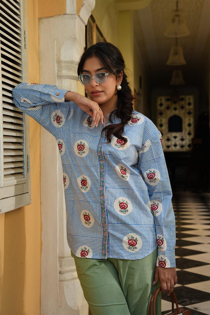Pihu Blue Block Printed Poplin Shirt with Green Solid Poplin Pant Set of 2