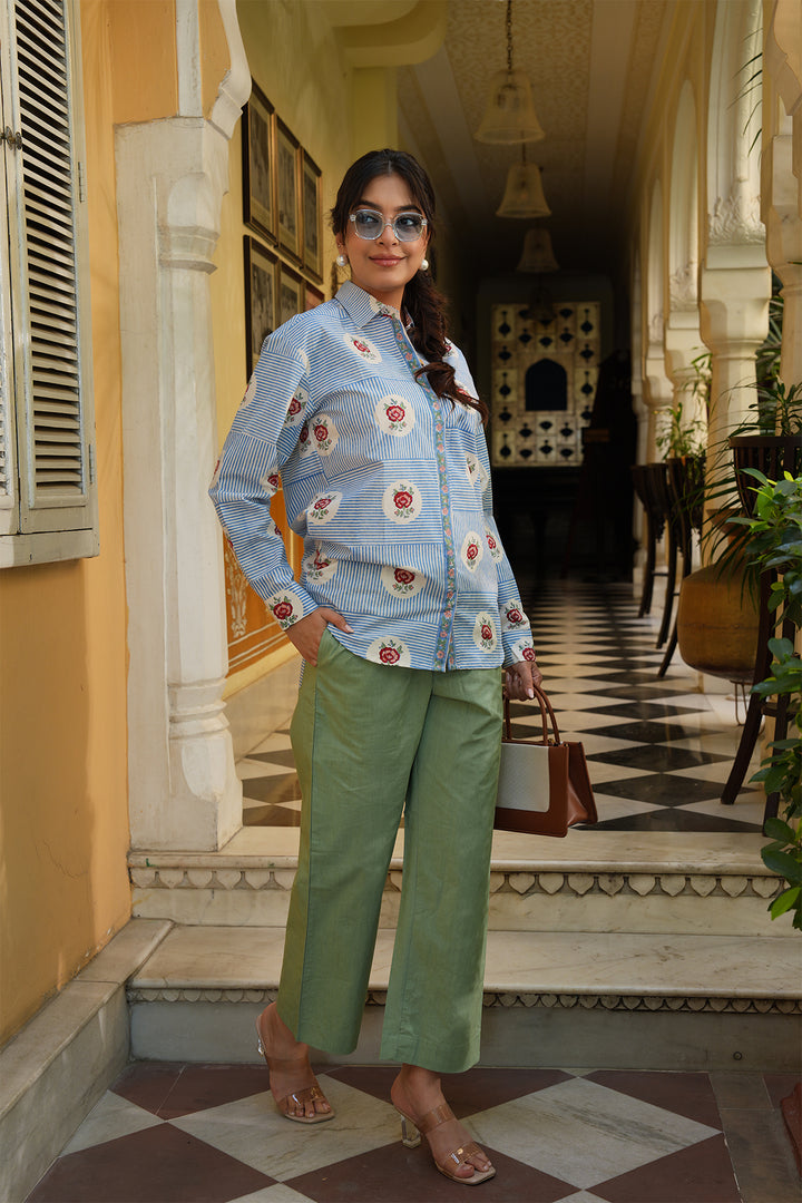 Pihu Blue Block Printed Poplin Shirt with Green Solid Poplin Pant Set of 2