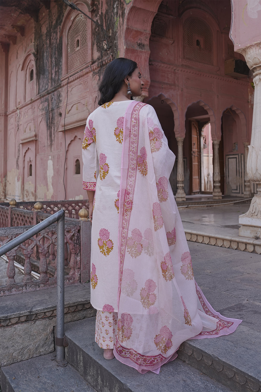 Safaid White Block Printed Kurta with Pant set of 3