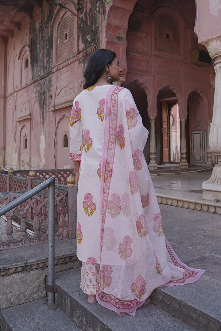 Safaid White Block Printed Kurta with Pant set of 3