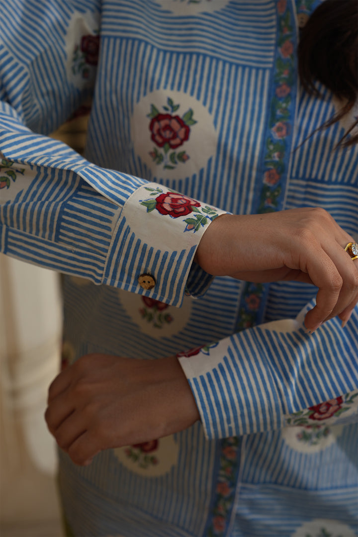 Pihu Blue Block Printed Poplin Shirt with Green Solid Poplin Pant Set of 2
