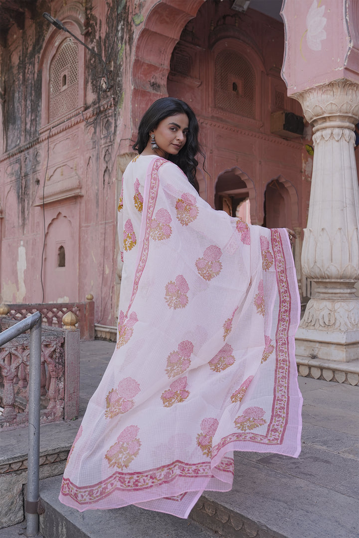 Safaid White Block Printed Kurta with Pant set of 3