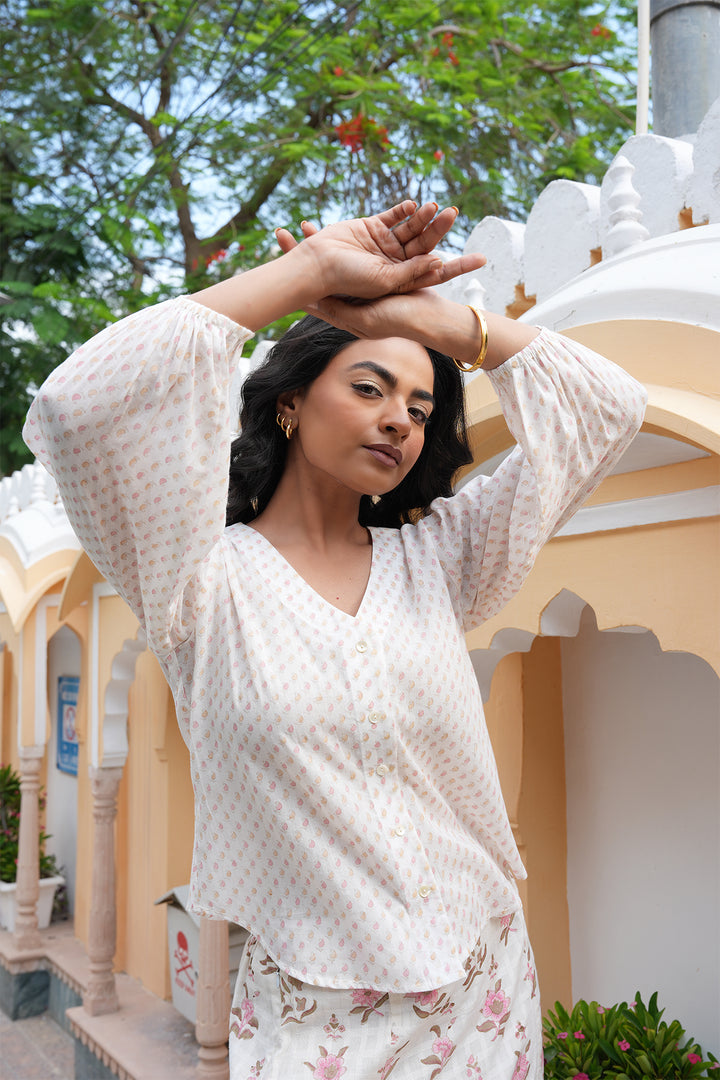 Pihu White Block Printed Top and Skirt