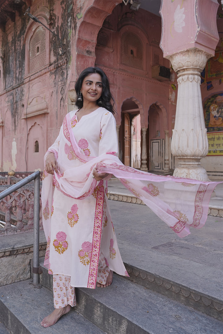 Safaid White Block Printed Kurta with Pant set of 3