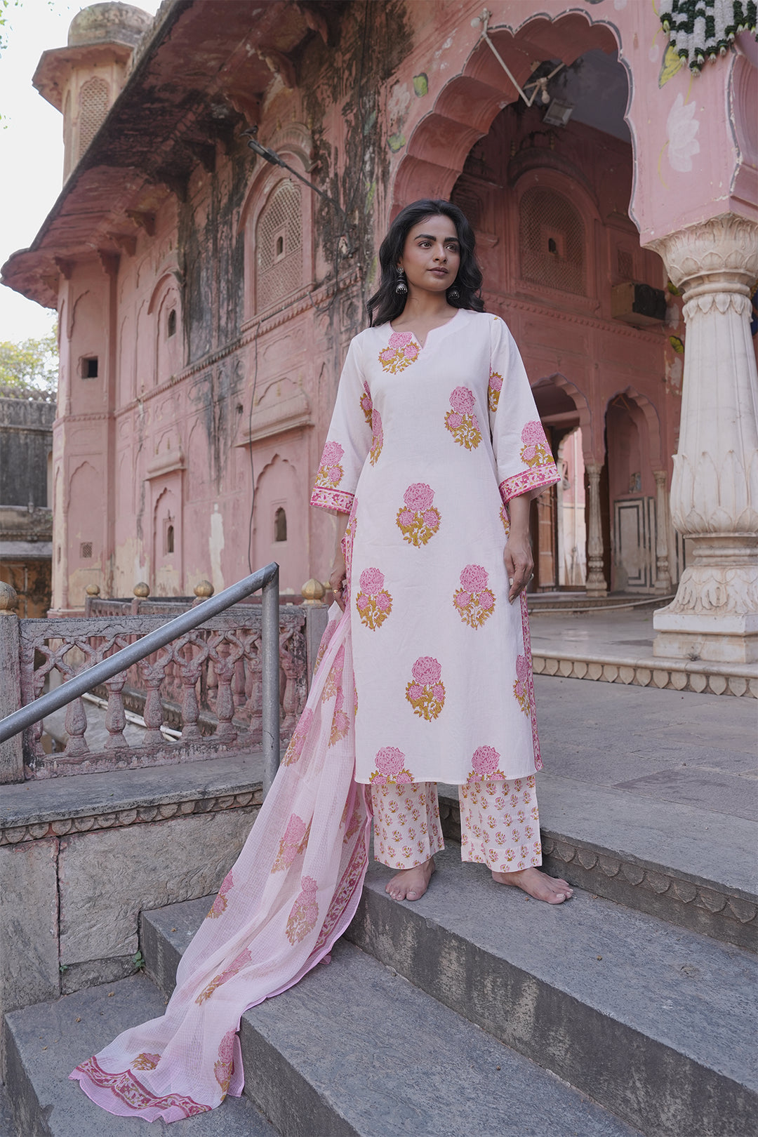 Safaid White Block Printed Kurta with Pant set of 3