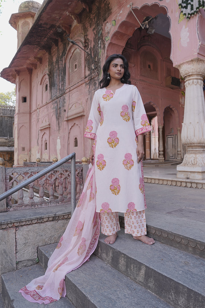Safaid White Block Printed Kurta with Pant set of 3