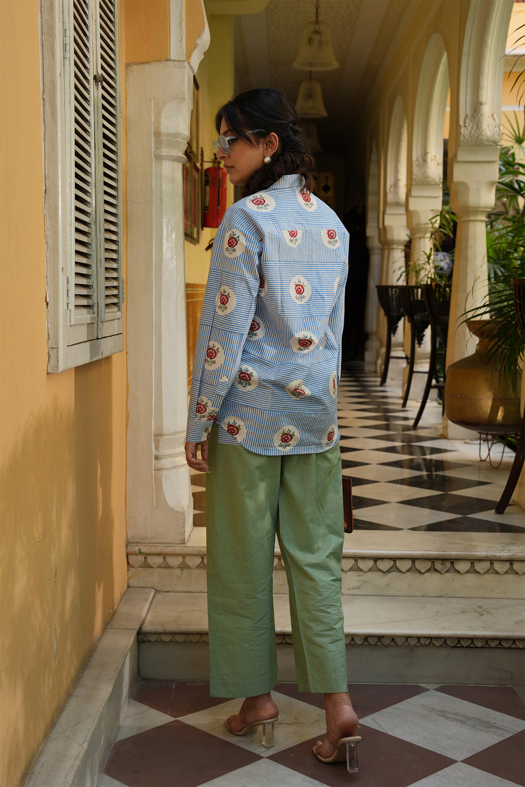 Pihu Blue Block Printed Poplin Shirt with Green Solid Poplin Pant Set of 2