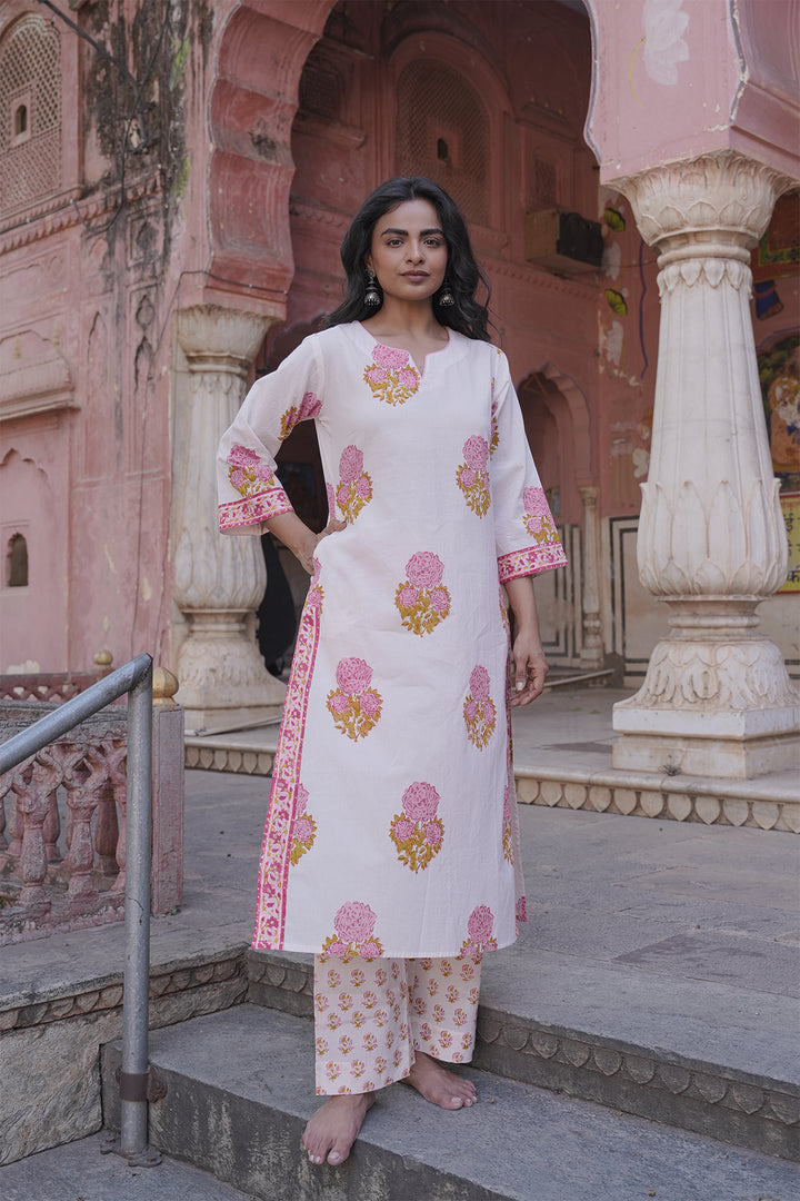 Safaid White Block Printed Kurta with Pant set of 3