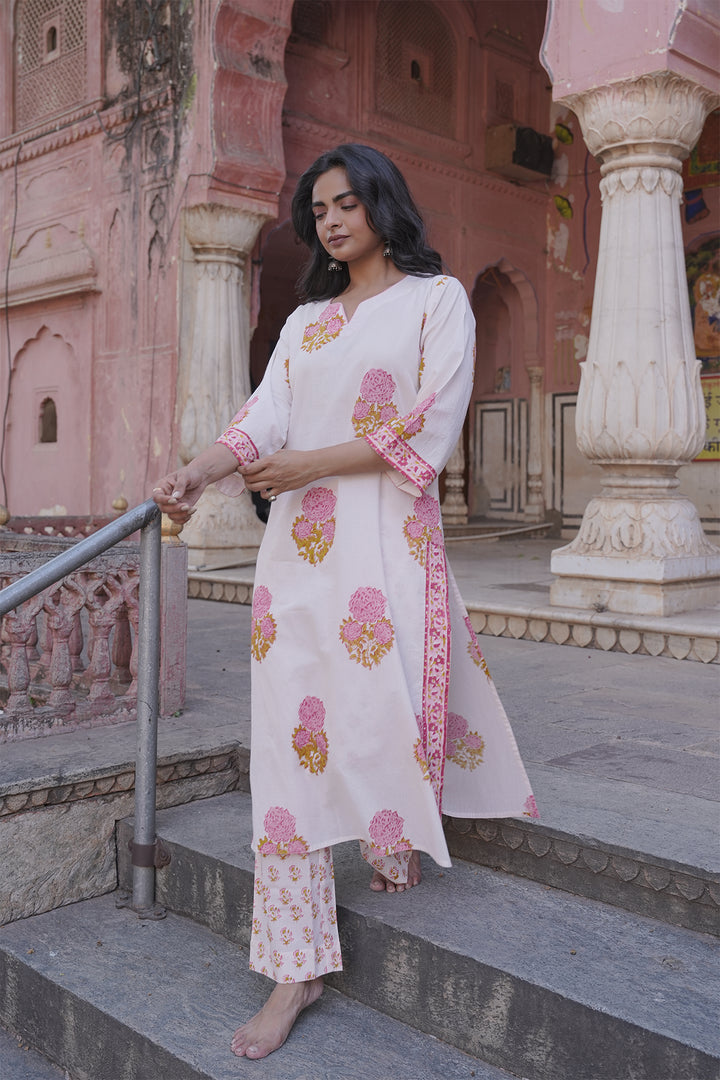 Safaid White Block Printed Kurta with Pant set of 3