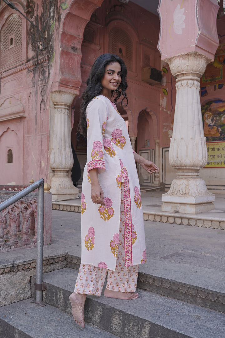 Safaid White Block Printed Kurta with Pant set of 3
