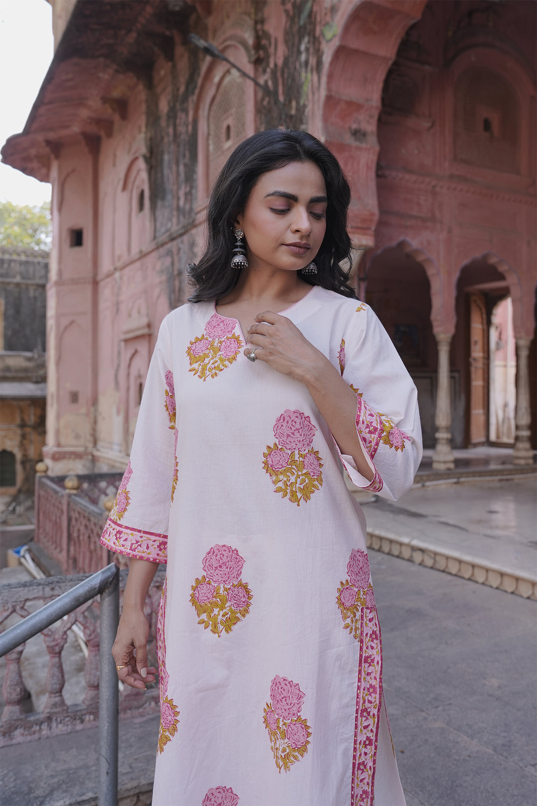 Safaid White Block Printed Kurta with Pant set of 3