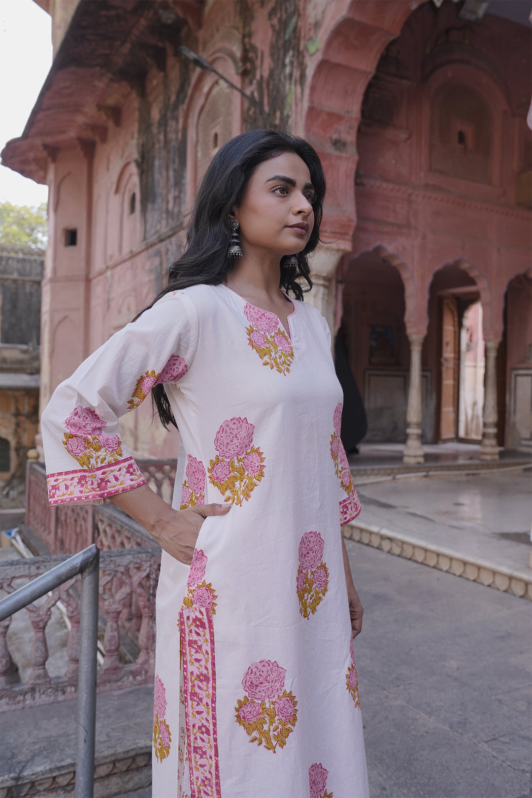 Safaid White Block Printed Kurta with Pant set of 3