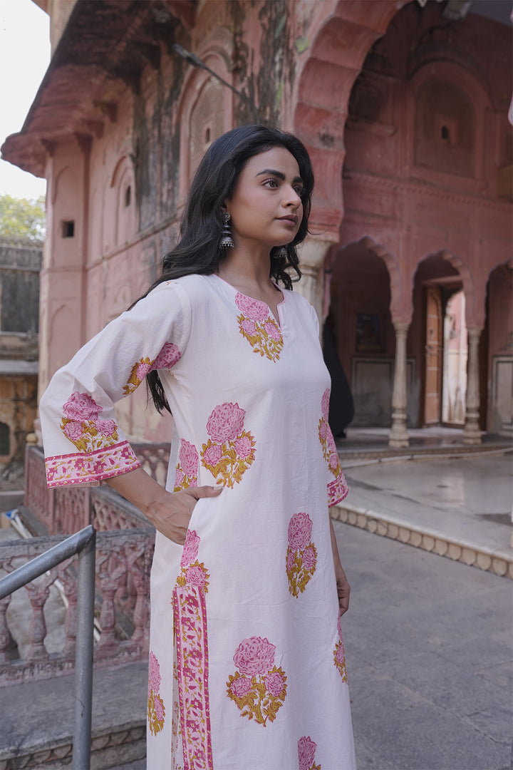Safaid White Block Printed Kurta with Pant set of 3
