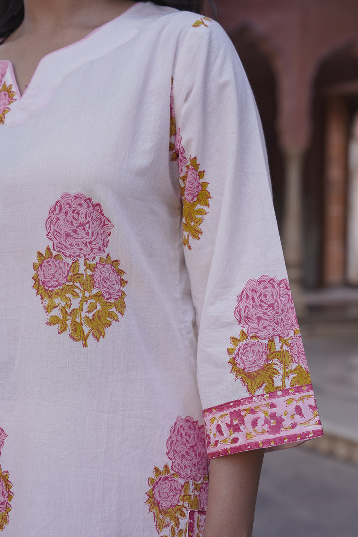 Safaid White Block Printed Kurta with Pant set of 3