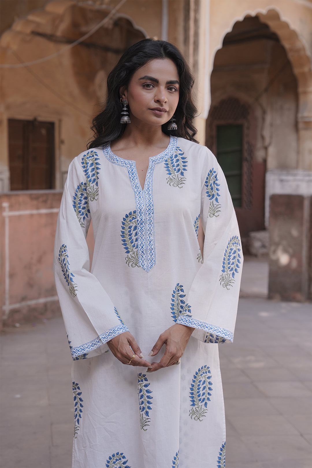 Safaid White Block Printed Kurta with Pant set of 2