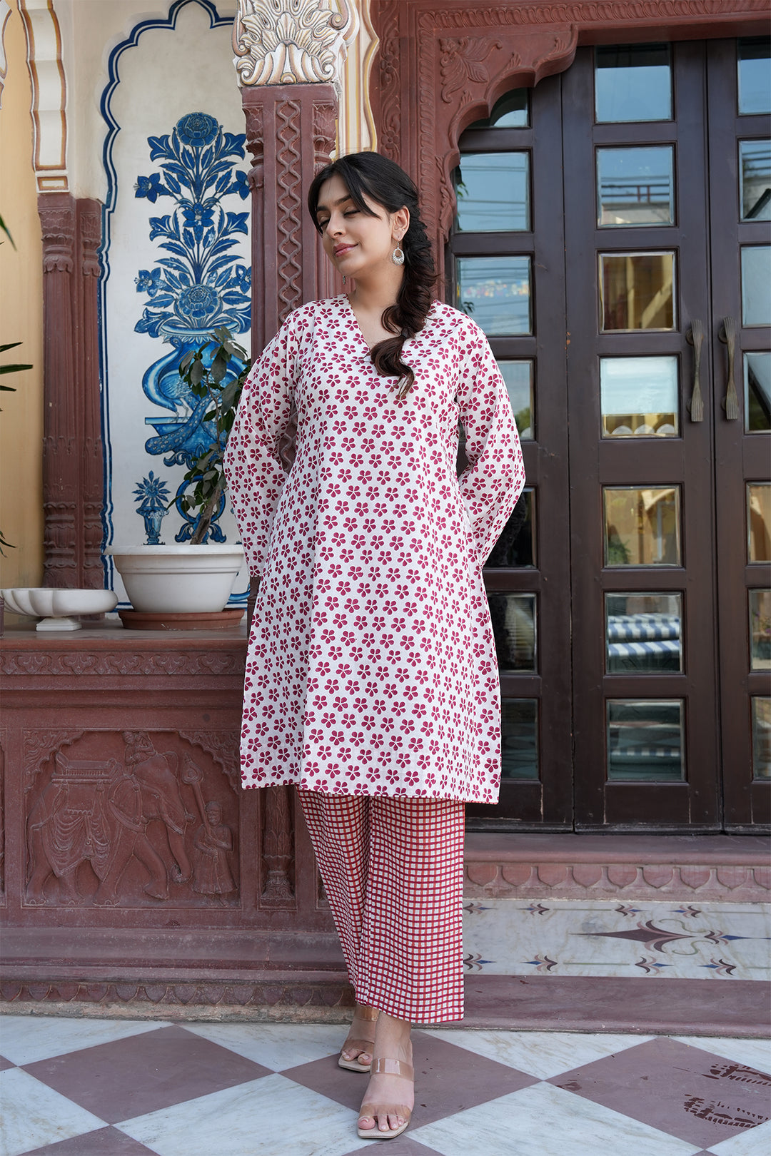 Pihu Red Block Printed Cotton Kurta with Checks Pant Set of 2