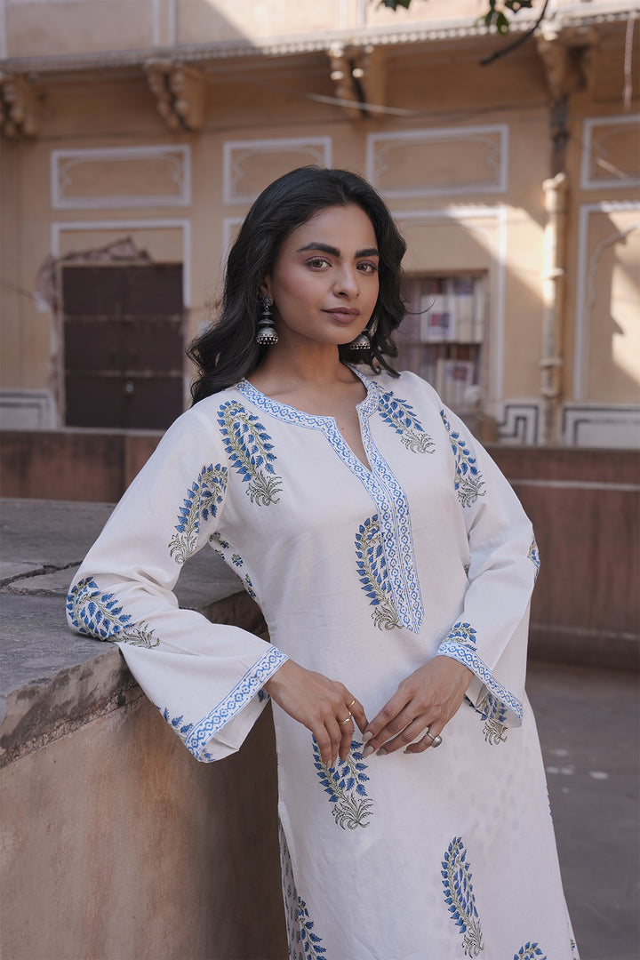 Safaid White Block Printed Kurta with Pant set of 2
