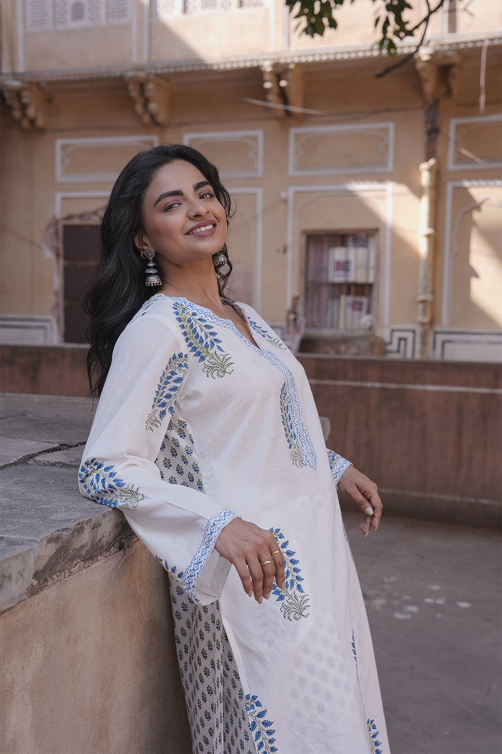 Safaid White Block Printed Kurta with Pant set of 2
