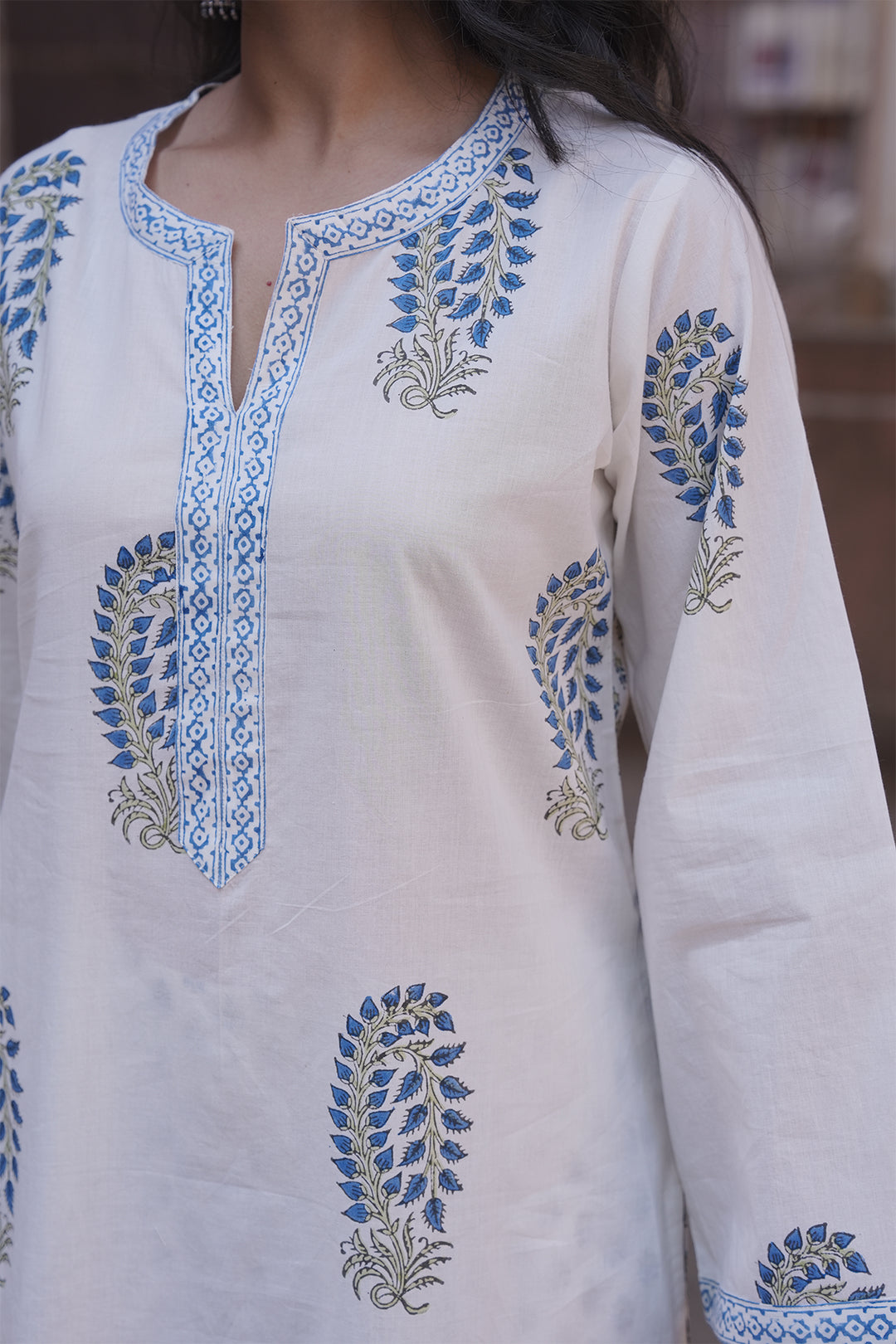 Safaid White Block Printed Kurta with Pant set of 2