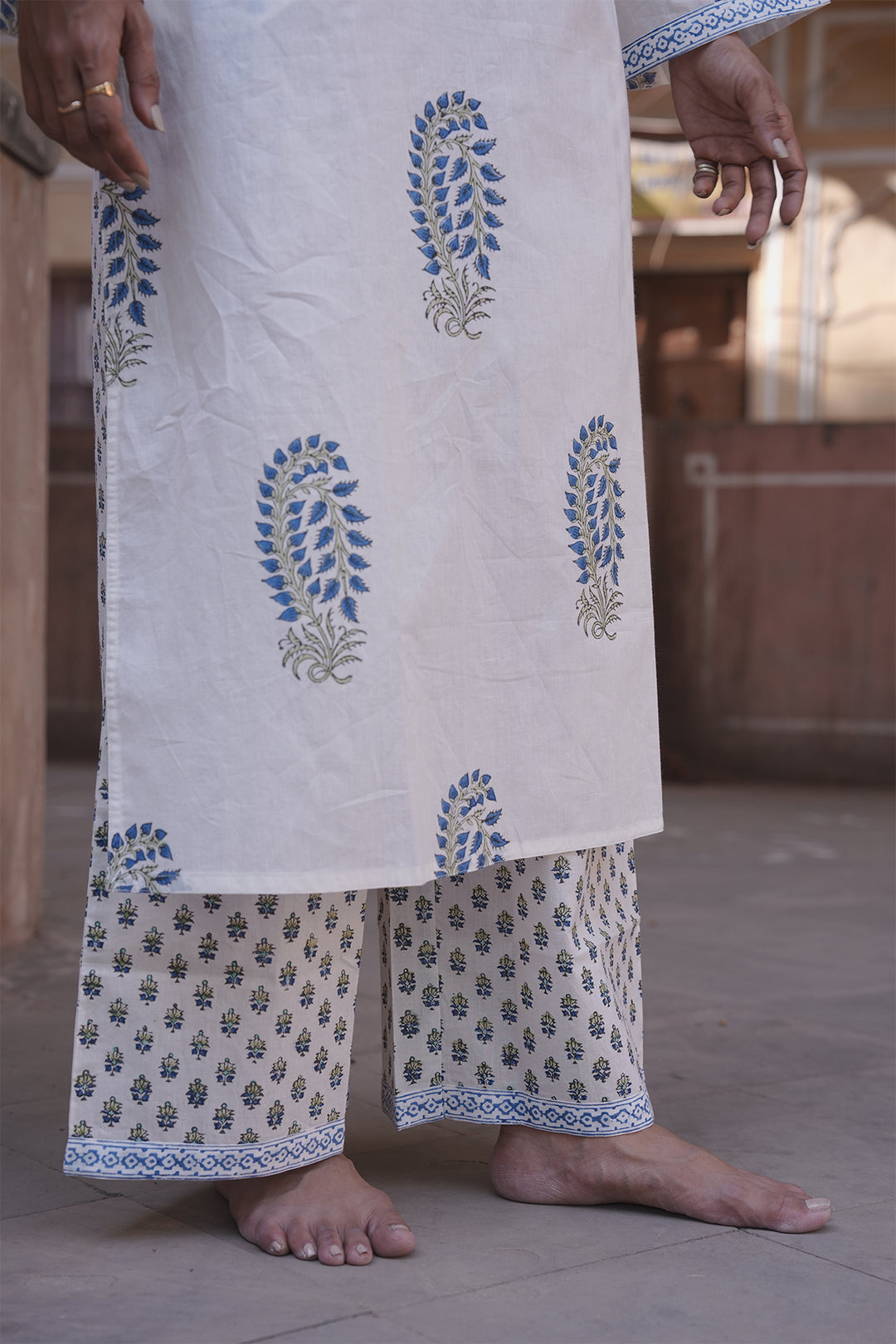 Safaid White Block Printed Kurta with Pant set of 2