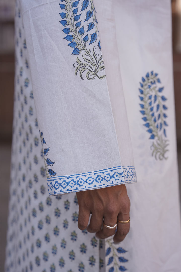 Safaid White Block Printed Kurta with Pant set of 2