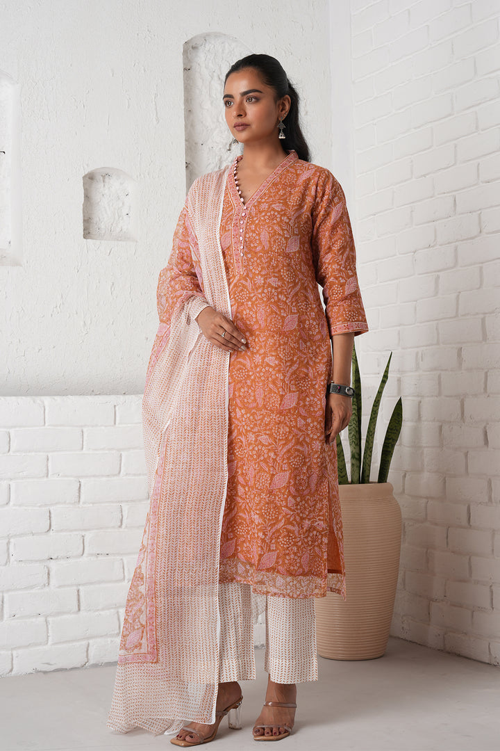 फूलWARI Brown Jaal Kota Doria Set of 3