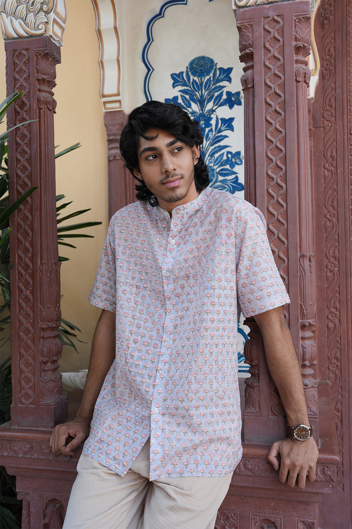 Vaayu Grey Block Printed Cotton Shirt