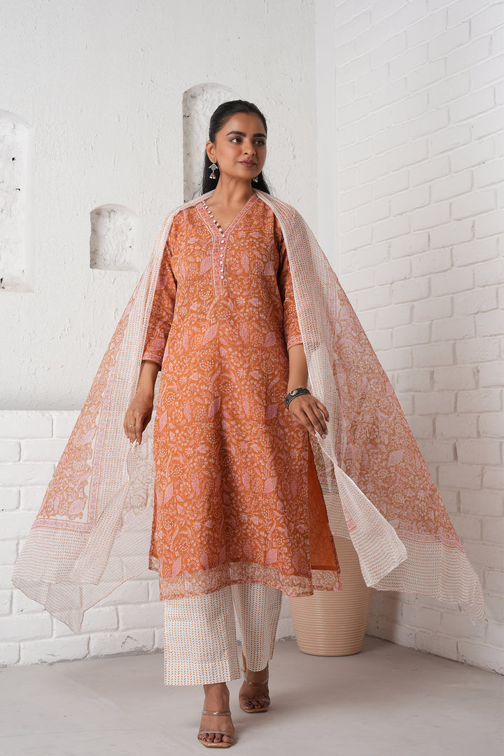 फूलWARI Brown Jaal Kota Doria Set of 3