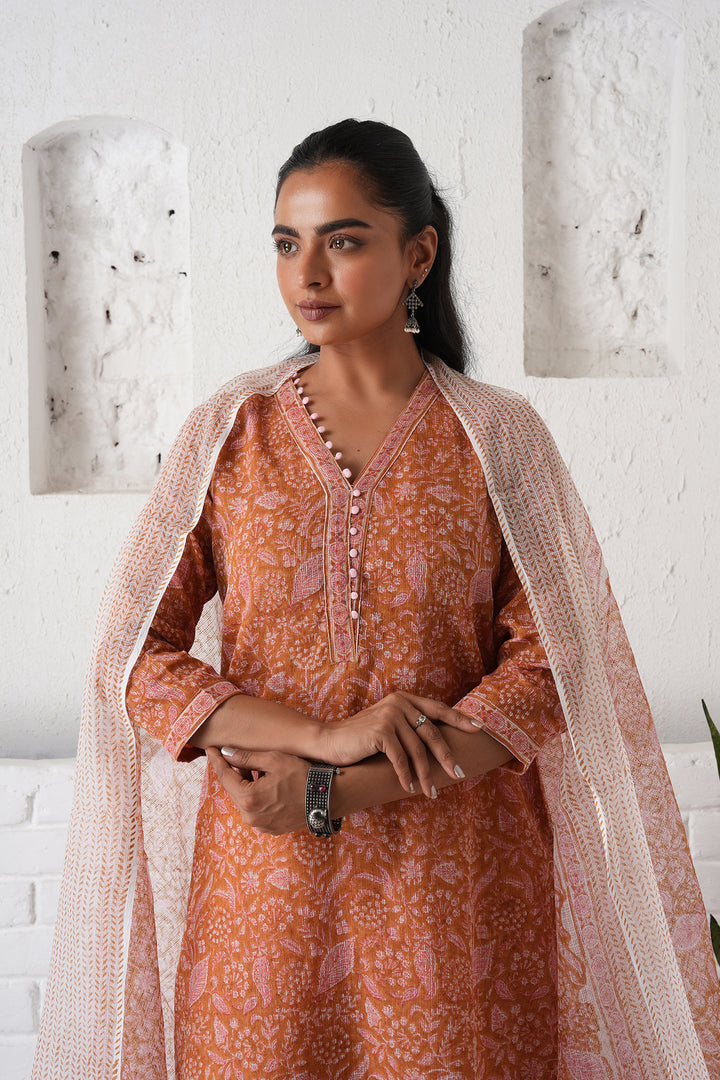 फूलWARI Brown Jaal Kota Doria Set of 3