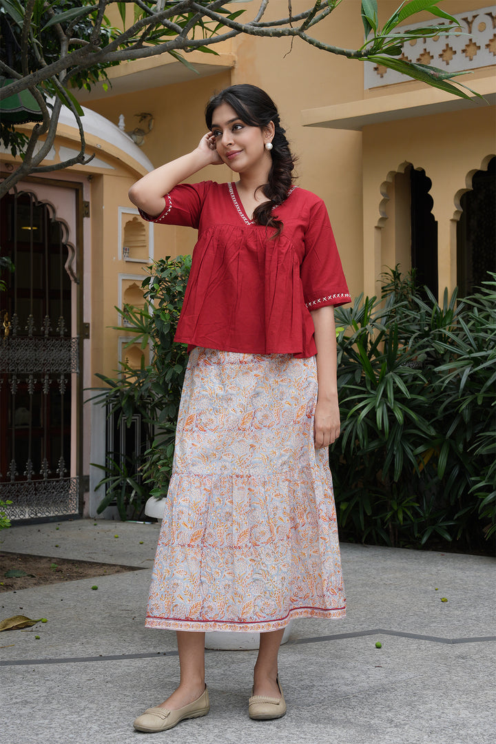 Pihu Red Cotton Top and Block Printed Skirt