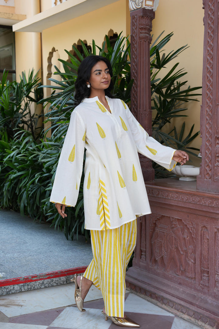 Pihu White Block Printed Cotton Kurta with Farshi Salwar Set of 2