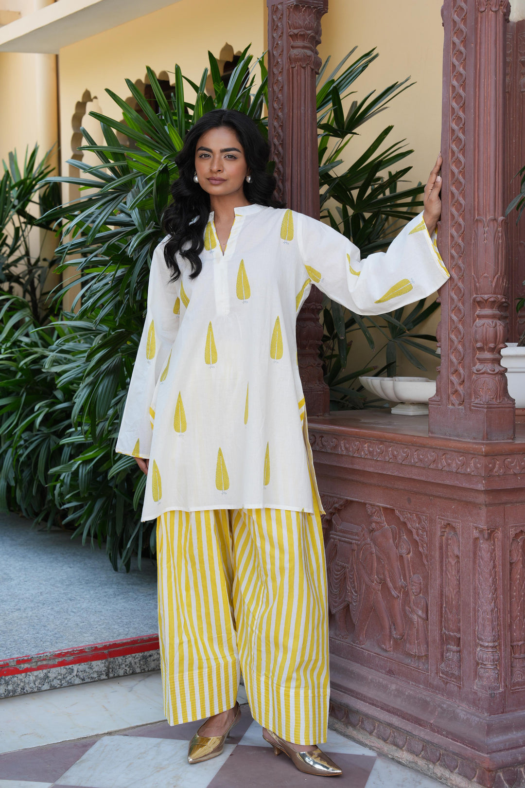 Pihu White Block Printed Cotton Kurta with Farshi Salwar Set of 2