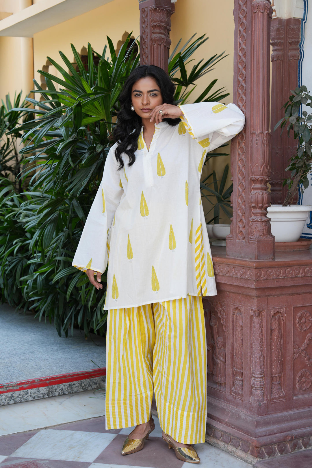 Pihu White Block Printed Cotton Kurta with Farshi Salwar Set of 2