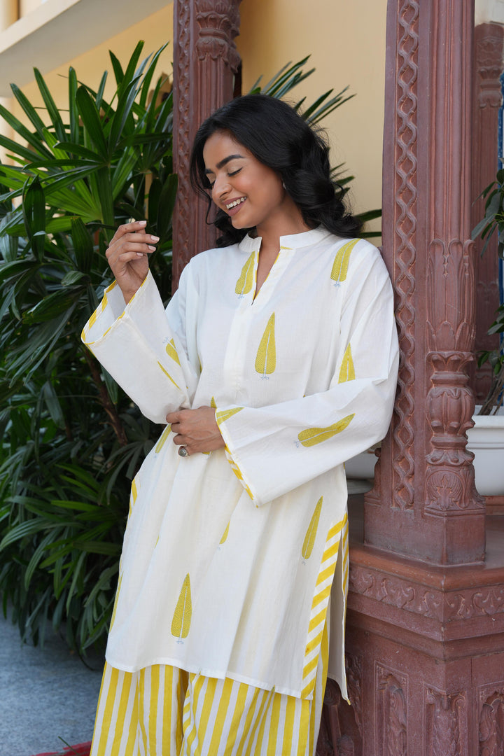 Pihu White Block Printed Cotton Kurta with Farshi Salwar Set of 2