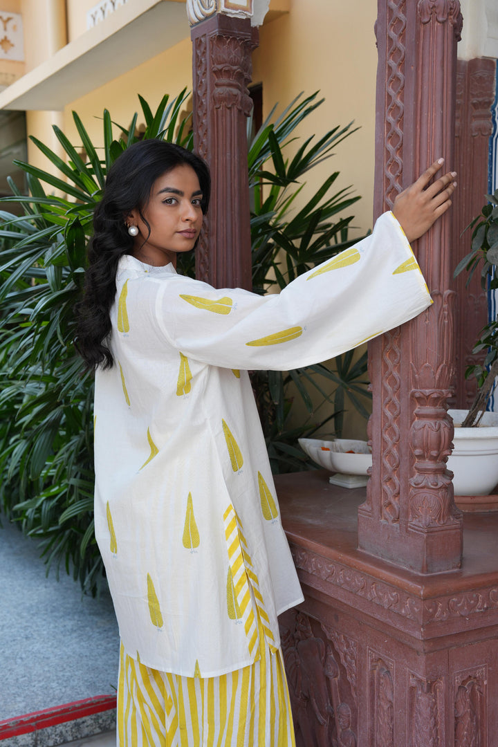 Pihu White Block Printed Cotton Kurta with Farshi Salwar Set of 2