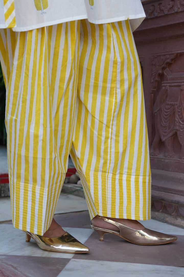 Pihu White Block Printed Cotton Kurta with Farshi Salwar Set of 2