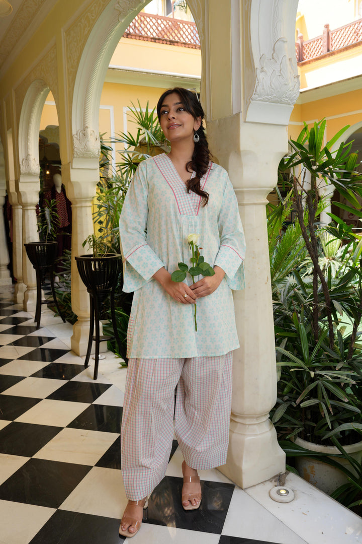 Pihu White Block Printed Cotton Kurta with Check Farshi Salwar Set of 2