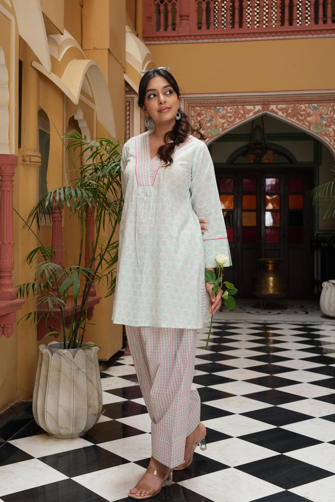 Pihu White Block Printed Cotton Kurta with Check Farshi Salwar Set of 2