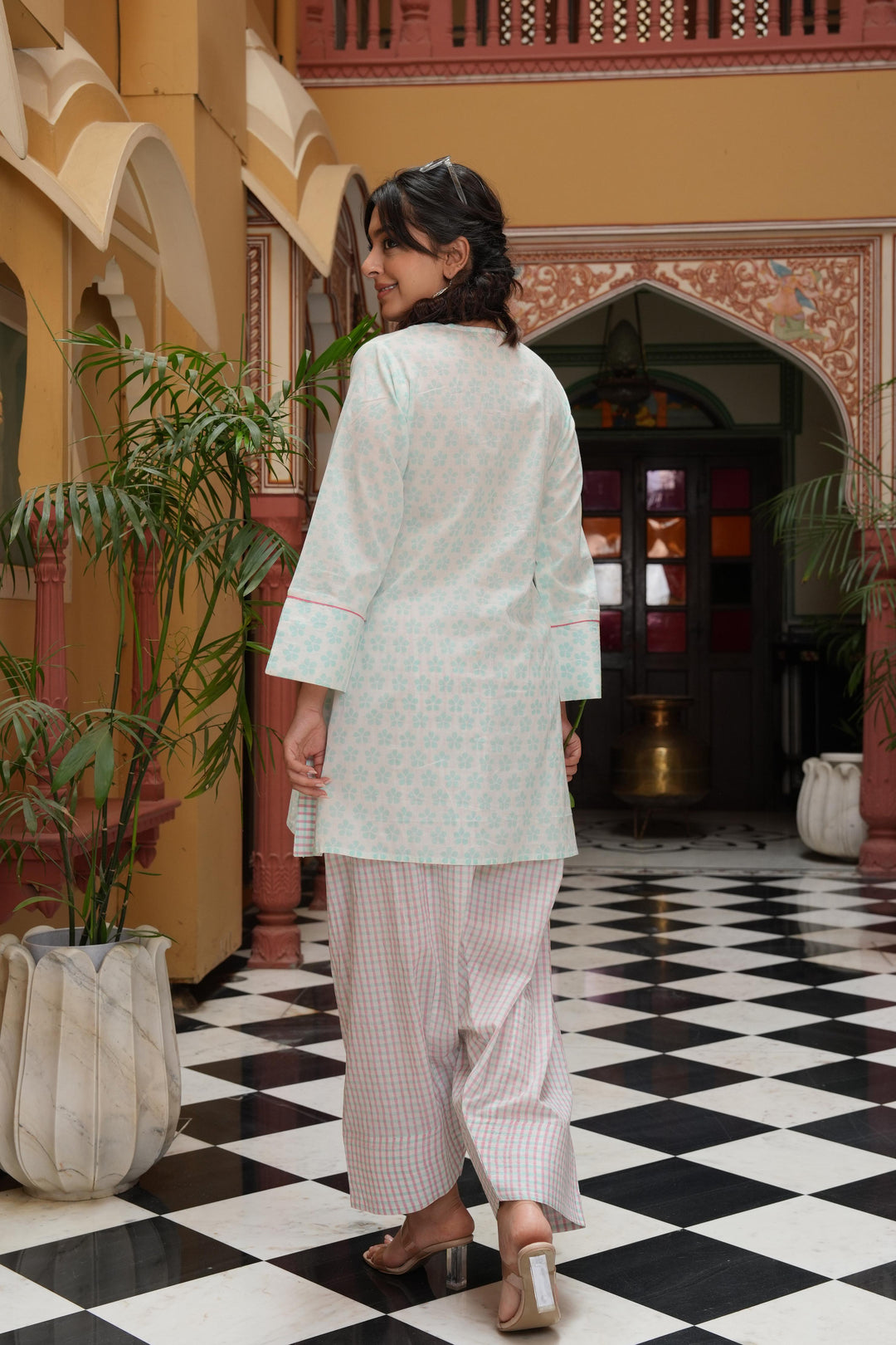 Pihu White Block Printed Cotton Kurta with Check Farshi Salwar Set of 2