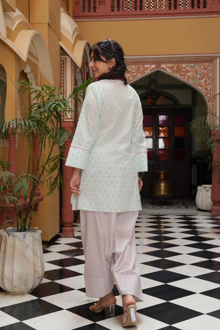 Pihu White Block Printed Cotton Kurta with Check Farshi Salwar Set of 2