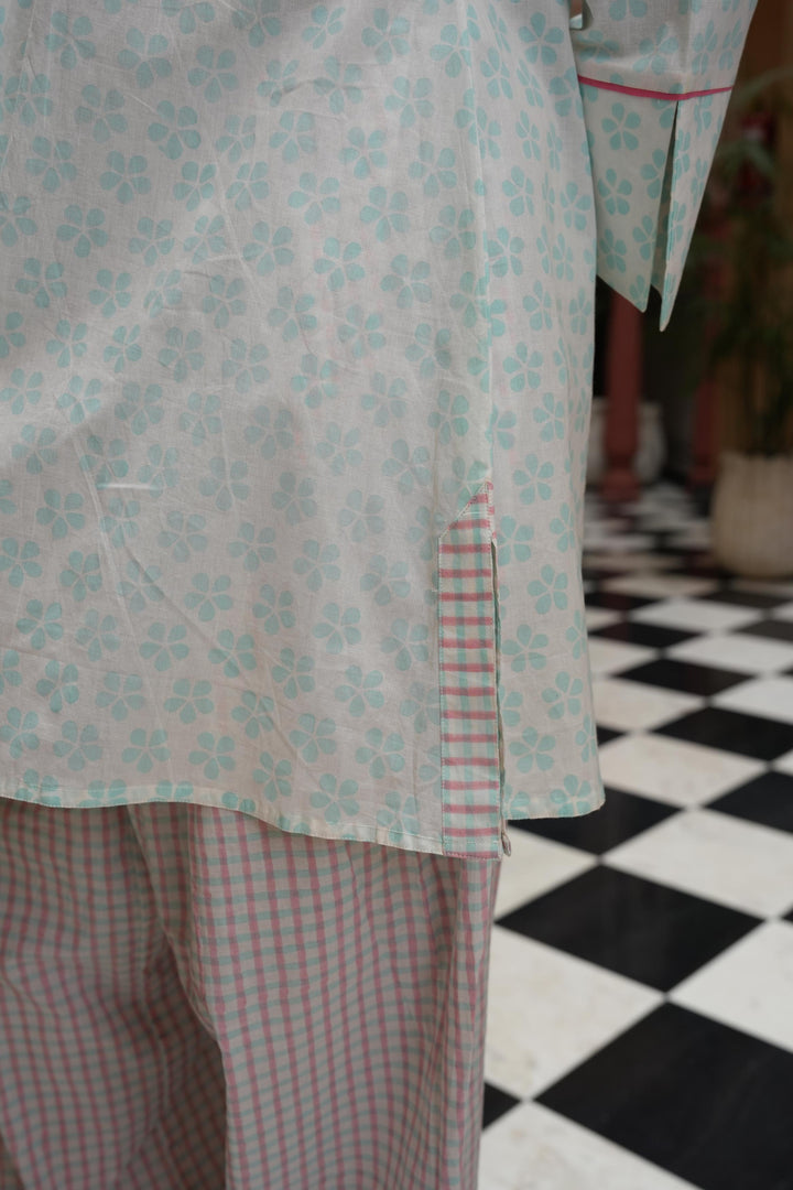 Pihu White Block Printed Cotton Kurta with Check Farshi Salwar Set of 2