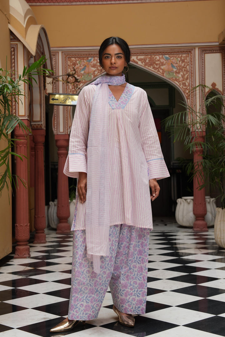 Pihu Strip Block Printed Farshi Suit Set of 3