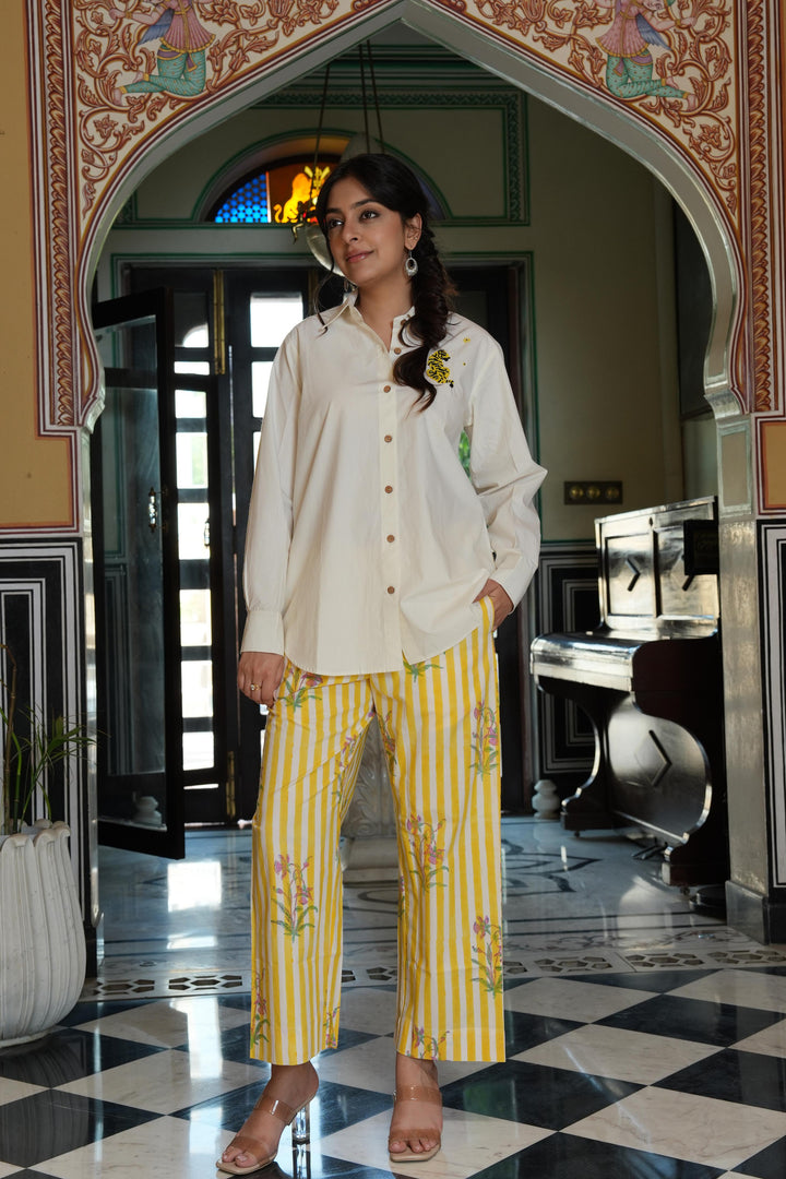Pihu White Solid Shirt with Block Printed Poplin Pant Set of 2