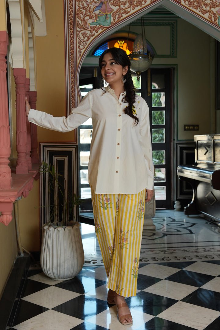 Pihu White Solid Shirt with Block Printed Poplin Pant Set of 2