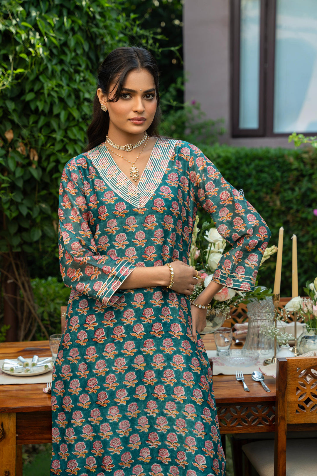 Rivaaz Green Block Printed Chanderi Kurta Set of 3