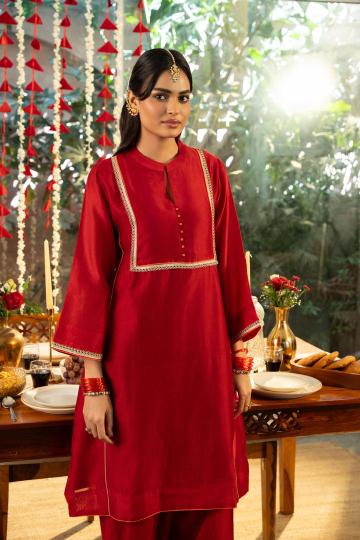 Rivaaz Red Plain Chanderi Short Kurta with Farshi Set of 2
